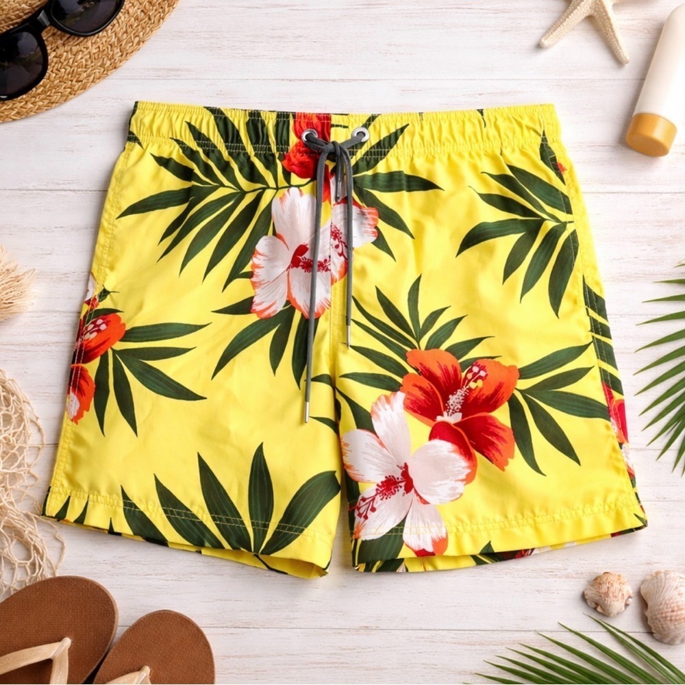 Lands’ End Men’s Reg Small 28/30 Yellow Green Floral Swimming Trunks Suit